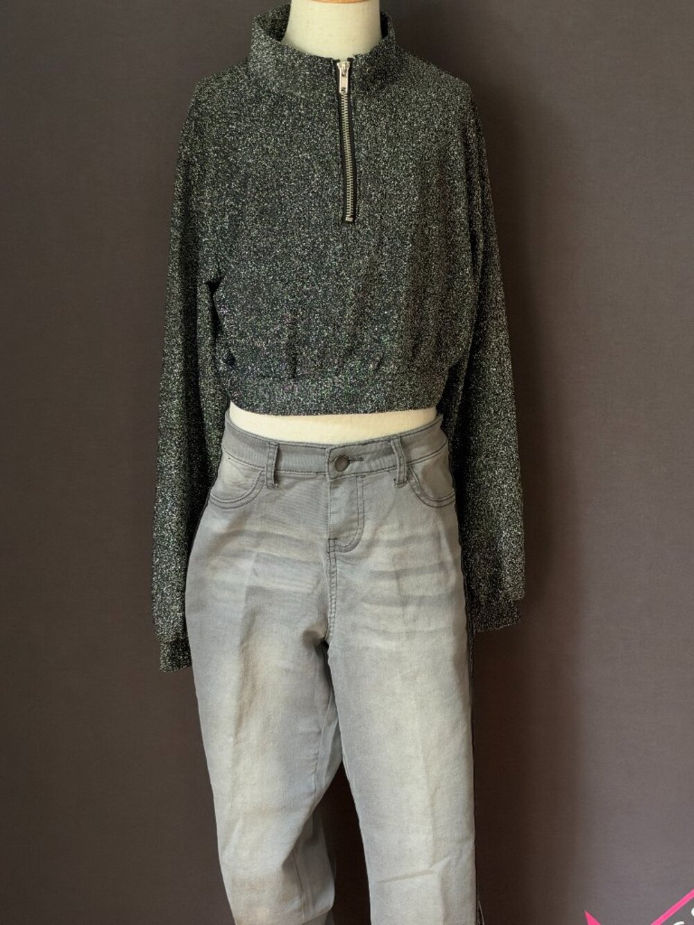 Balera Gray Jeggings Metallic Half Zip Crop Top Hip Hop Dance Costume Set LC